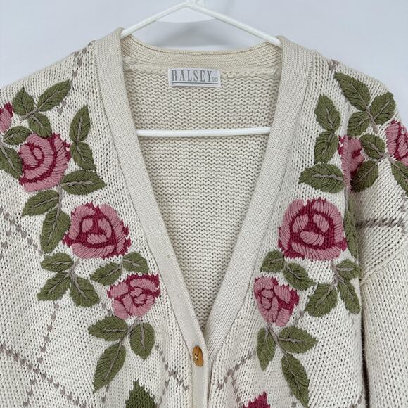 Ralsey Sweater Womens Large Floral Argyle Button Cardigan Vintage Style Knit - Picture 2 of 11
